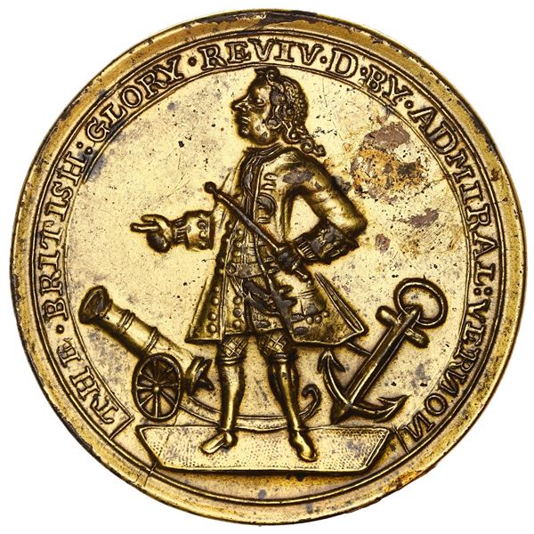 Great Britain, gilt copper-zinc Admiral Vernon medal, 1741, Cartagena, ex-Adams.
