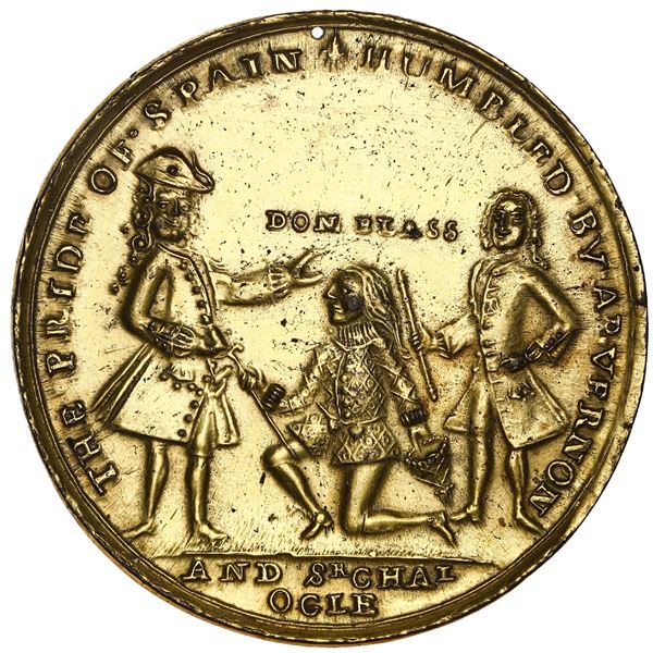 Great Britain, gilt copper-zinc Admiral Vernon medal, 1741, Cartagena, Vernon, Lezo and Ogle, ex-Ada