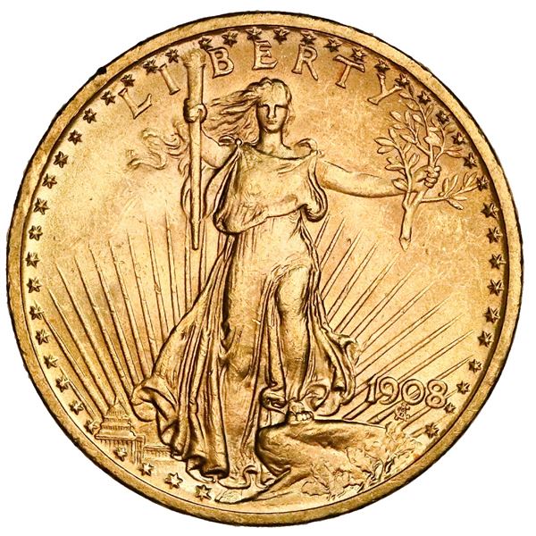 USA (Philadelphia Mint), $20 Saint Gaudens double eagle, 1908, no motto, NGC MS 63.