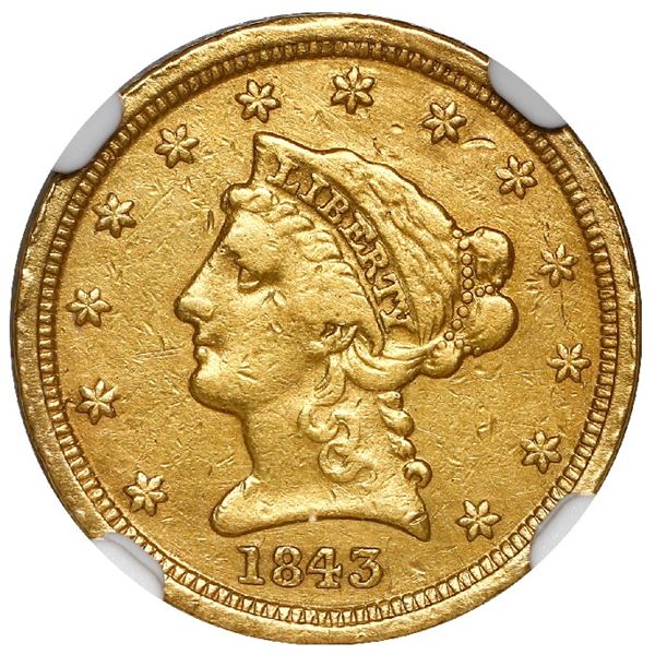 USA (Dahlonega mint), $2-1/2 coronet Liberty, 1843-D, large D, NGC XF details / cleaned.