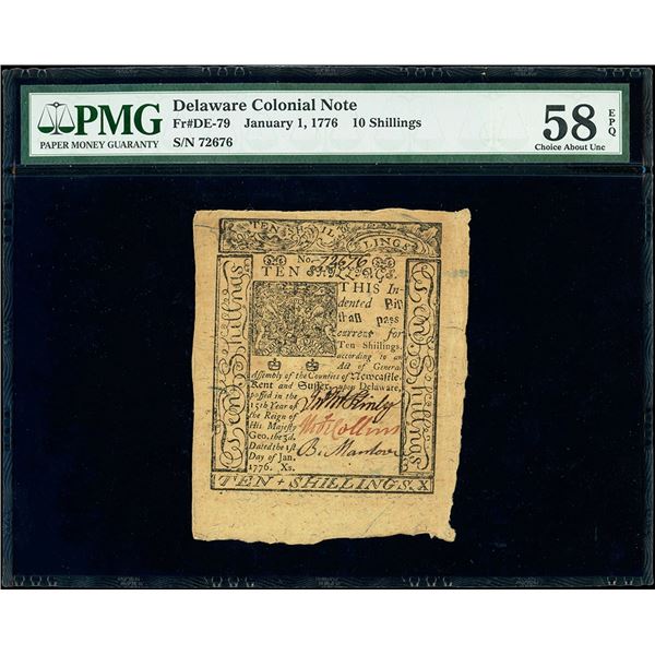 Delaware, General Assembly, 10 shillings, January 1, 1776, serial 72676, PMG Choice AU 58 EPQ.