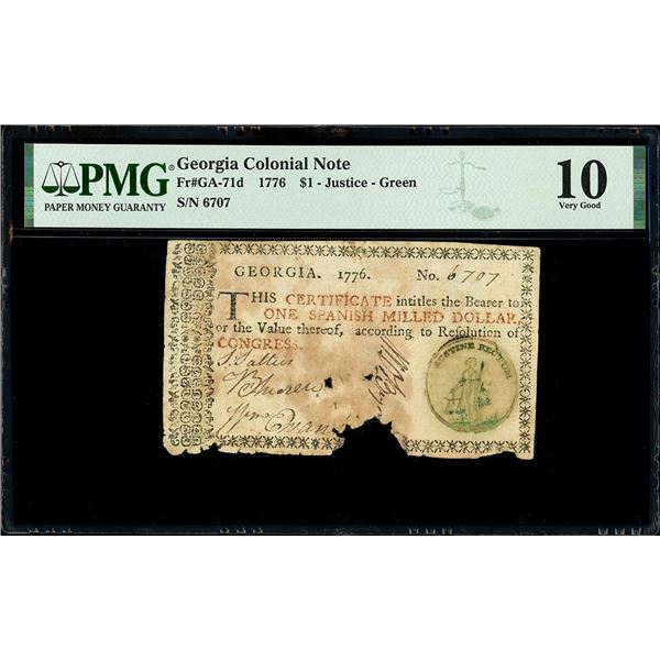 Georgia, 1 dollar, 1776, serial 6707, green Justice seal, PMG VG 10, with early 1800s English collec