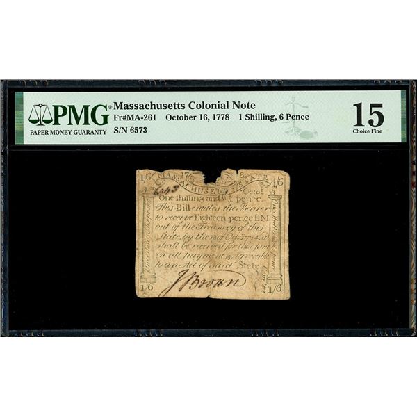 Boston, Massachusetts, 1 shilling and 6 pence, Oct. 16, 1778, serial 6573, "codfish" note engraved b