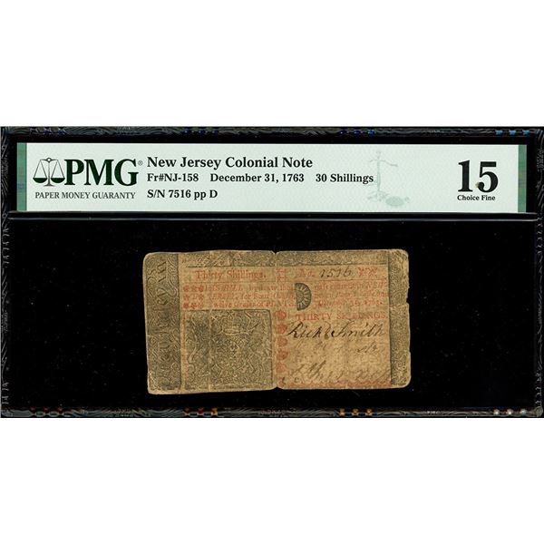 New Jersey, 30 shillings, Dec. 31, 1763, serial 7516, plate position D, PMG Choice Fine 15.