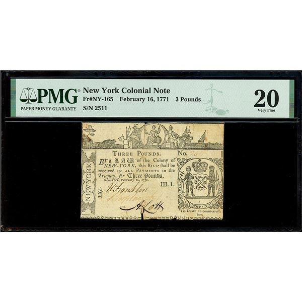 New York, 3 pounds, Feb. 16, 1771, serial 2511, PMG VF 20.