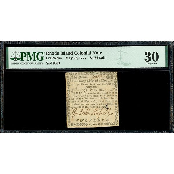 Rhode Island, $1/36, May 22, 1777, serial 9053, PMG VF 30.