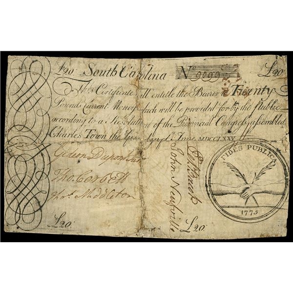 South Carolina, 20 pounds, June 1, 1775, serial 9099, backed with violin sheet music.