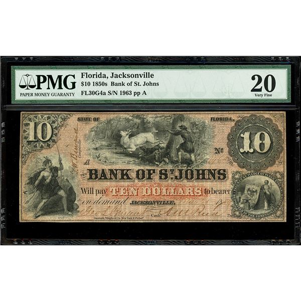 Jacksonville, Florida, Bank of St. Johns, $10, 21-3-1859, serial 1963, plate position A, PMG VF 20.