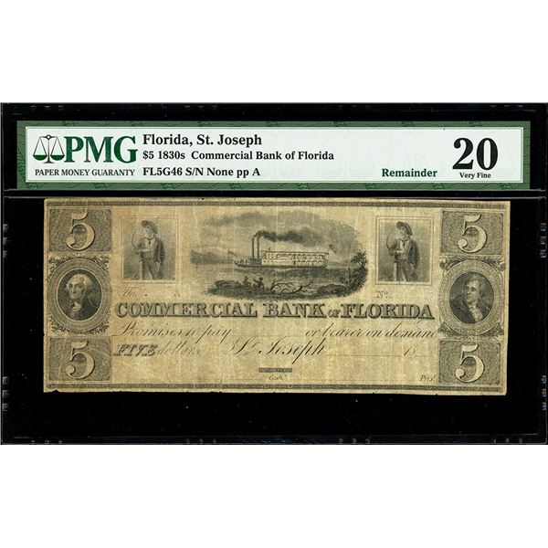 St. Joseph, Florida, Commercial Bank, $5 remainder, 18XX (1830s), plate position A, PMG VF 20, "top 