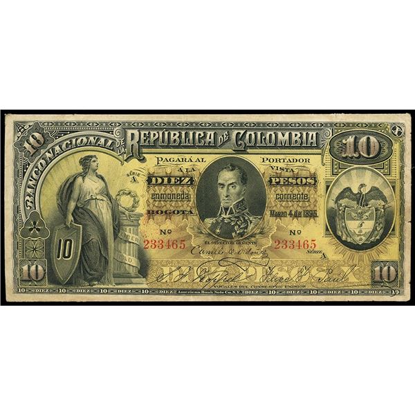 Bogota, Colombia, Banco Nacional, 10 pesos, 4-3-1895, series A, serial 233465.