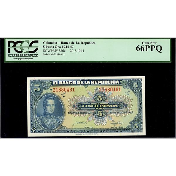 Bogota, Colombia, Republica de Colombia, 5 pesos oro, 20-7-1944, series M, serial 21880461, PCGS Gem