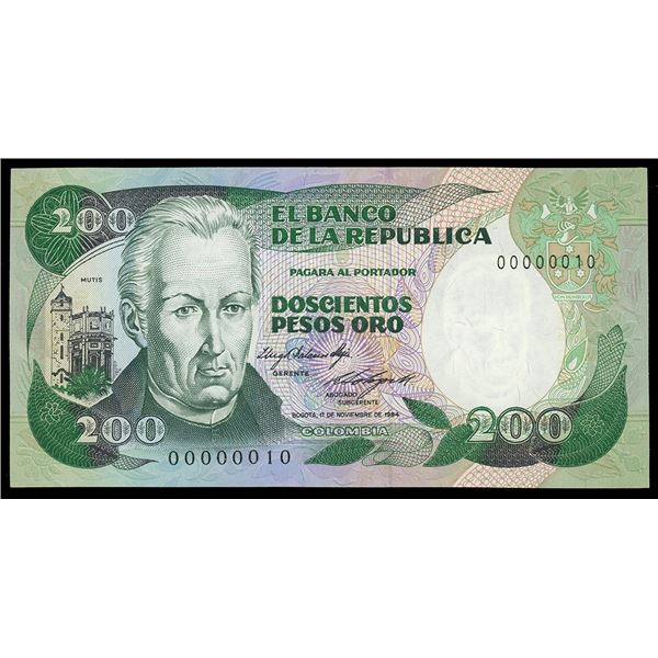 Bogota, Colombia, Banco de la Republica, 200 pesos oro, 1-11-1984, serial 00000010, very low serial