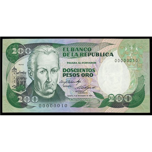 Bogota, Colombia, Banco de la Republica, 200 pesos oro, 1-11-1984, serial 00000010, very low serial 