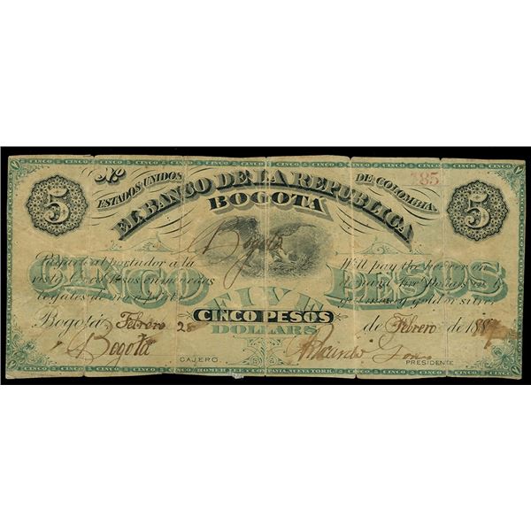 Bogota, Colombia, Banco de la Republica, 5 pesos / 5 dollars remainder, no date (1880s), serial 185.