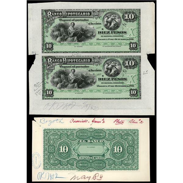 Set of Bogota, Colombia, Banco Hipotecario, 10 pesos front and back proofs, 1881, series Z, ex-Eldor