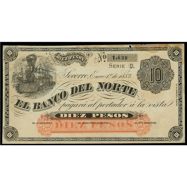 Socorro, Colombia, Banco del Norte, 10 pesos remainder, 1-1-1882, series C, serial 1639.