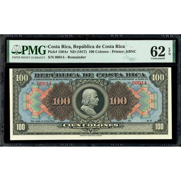 San Jose, Costa Rica, Republica de Costa Rica, 100 colones remainder, no date (1917), serial 00014, 