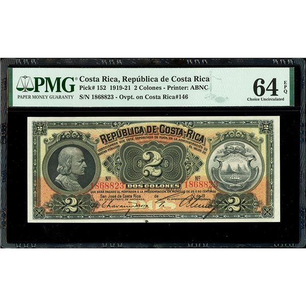 San Jose, Costa Rica, Republica de Costa Rica, 2 colones, 2-3-1921, serial 1868823, black overprint,