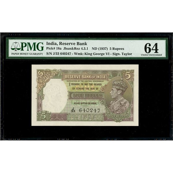 India (British), Reserve Bank, 5 rupees, no date (1937), George VI, serial J/33 640247, signer Taylo