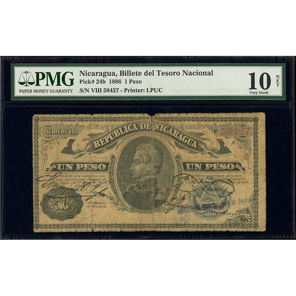 Nicaragua, Billete del Tesoro Nacional, 1 peso, 1896, series VIII, serial 58427, PMG VG 10 net / spl