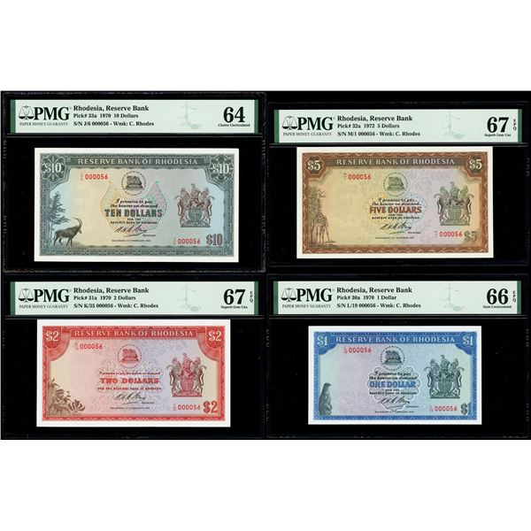 Denomination set of four Salisbury, Rhodesia, Reserve Bank dollars with matching low serial 000056: