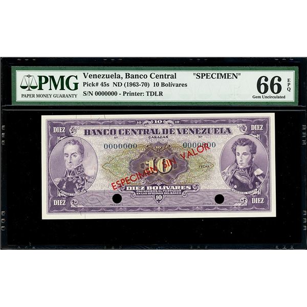 Caracas, Venezuela, Banco Central, 10 bolivares specimen, no date (1963-70), PMG Gem UNC 66 EPQ, fin