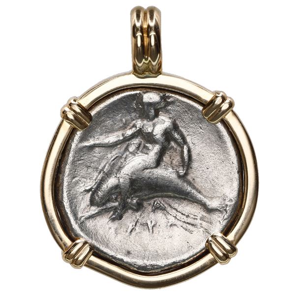 Calabria, Tarentum, AR nomos, ca. 291 BC, "boy on dolphin," mounted dolphin-side out in 14K gold bez