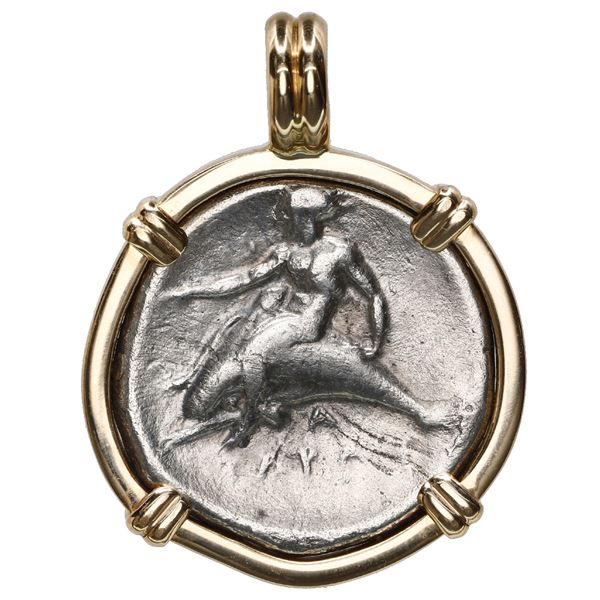 Calabria, Tarentum, AR nomos, ca. 291 BC, "boy on dolphin," mounted dolphin-side out in 14K gold bez