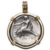 Image 1 : Calabria, Tarentum, AR nomos, ca. 291 BC, "boy on dolphin," mounted dolphin-side out in 14K gold bez