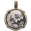 Image 2 : Calabria, Tarentum, AR nomos, ca. 291 BC, "boy on dolphin," mounted dolphin-side out in 14K gold bez