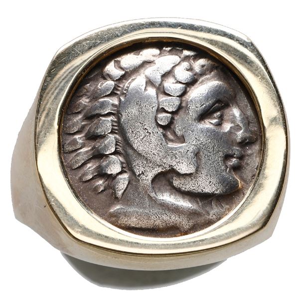 Kingdom of Macedon, AR drachm, Alexander III (the Great), 336-323 BC, mounted head-side out in 14K g