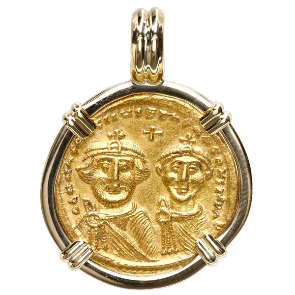 Byzantine Empire, AV solidus, Heraclius, (610-641 AD), Constantinople mint, mounted in 18K gold beze