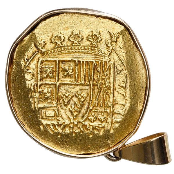 Mexico City, Mexico, cob 8 escudos, (171)5J, ex-1715 Fleet, mounted cross-side out in 18K gold bezel