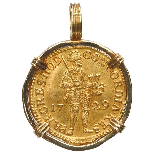 Holland, United Netherlands, gold ducat, 1729, ex-Vliegenthart (1735), mounted knight-side out in 18