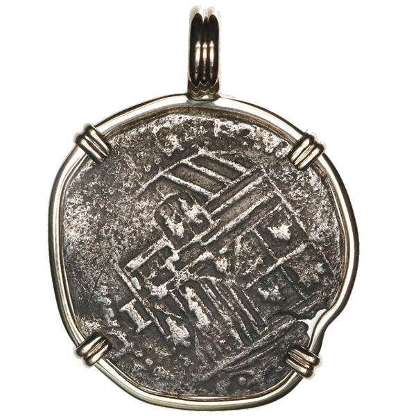 Potosi, Bolivia, cob 1 real, Philip II, assayer not visible, mounted cross-side out in 14K gold beze