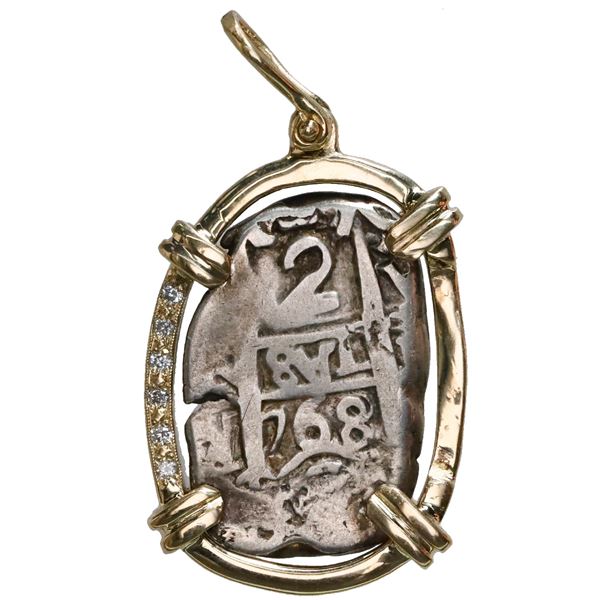 Potosi, Bolivia, cob 2 reales, 1768V-Y, mounted pillars-side out in 14K gold bezel with six diamonds