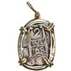 Image 1 : Potosi, Bolivia, cob 2 reales, 1768V-Y, mounted pillars-side out in 14K gold bezel with six diamonds