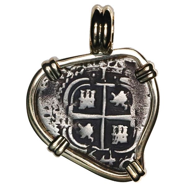 Potosi, Bolivia, cob 1 real, 1664E, mounted cross-side out in 14K gold bezel with fixed bail.