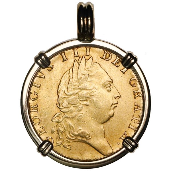 Great Britain (London, England), gold guinea, George III, 1791, mounted in 14K gold bezel with fixed