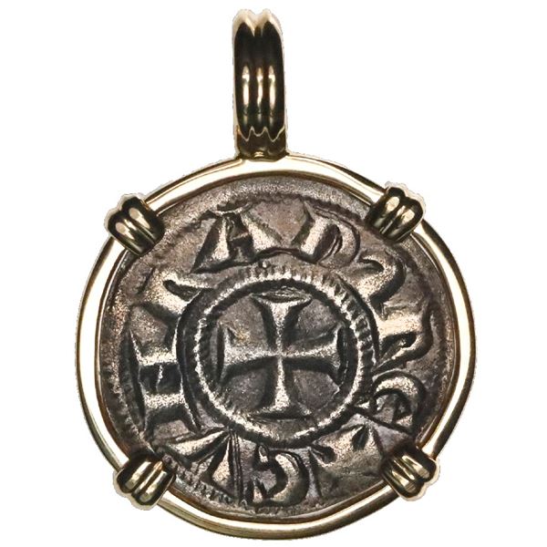 Genoa (Italian States), AR denaro,  crusader coin,  1139-1339 AD, mounted cross-side out in 14K gold