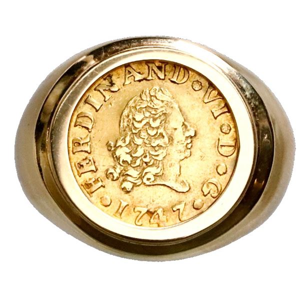 Madrid, Spain, gold bust 1/2 escudo, Ferdinand VI, 1747JB, mounted bust-side out in 14K gold ring (s