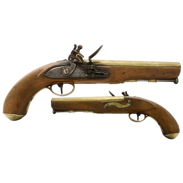 British naval officer's flintlock pistol, early 1800s, with round brass barrel marked LONDON, KETLAN