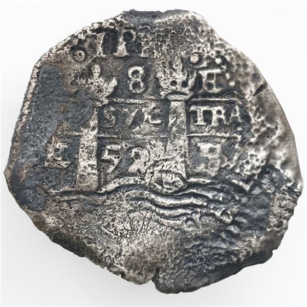 Potosi, Bolivia, cob 8 reales, 1652E post-transitional (Transitional Type VIII/B), 1-PH-6 at top.