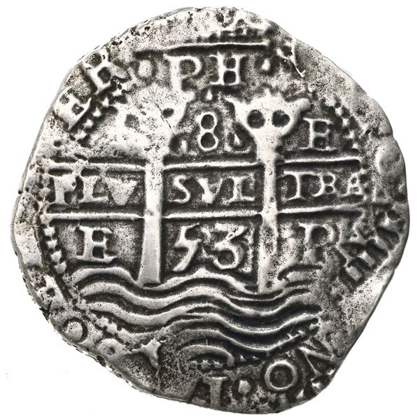 Potosi, Bolivia, cob 8 reales, 1653E, dot-PH-dot at top, three-digit date below cross.