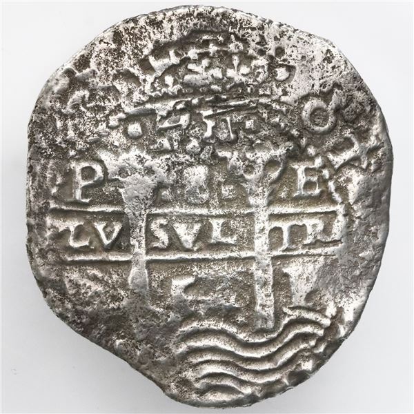 Potosi, Bolivia, cob 8 reales, 1654E, dot-PH-dot at top.