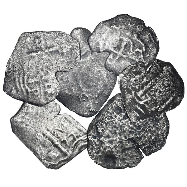 Lot of six Potosi, Bolivia, cob 4 reales (five) and 2 reales (one), Charles II, various dates and as