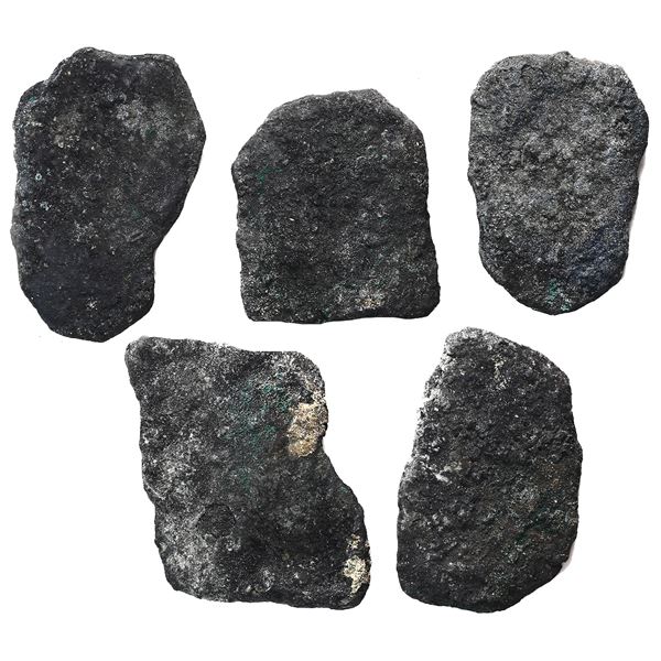 Lot of five cob 8R "blackies" (oxidized, as found), probably Mexican, Charles II and/or Philip V.