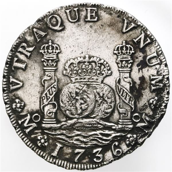 Mexico City, Mexico, pillar 8 reales, Philip V, 1736MF, small flan.