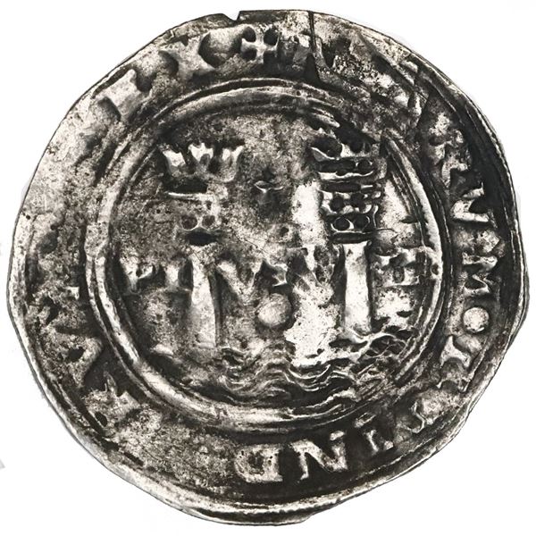 Lima, Peru, 1 real, Philip II, assayer R (Rincon), motto as PL-VSV-TR (no L) above denomination (dot