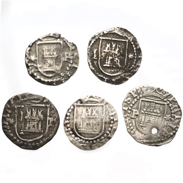 Lot of five Lima, Peru, cob 1/4R, Philip II, assayer Diego de la Torre, various varieties.